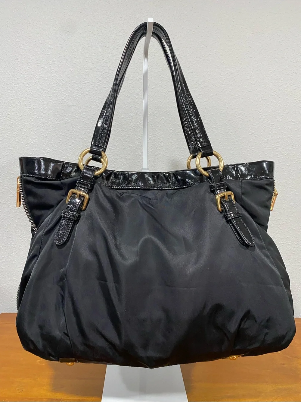Black Nylon Tote Bag with Patent Leather Trim